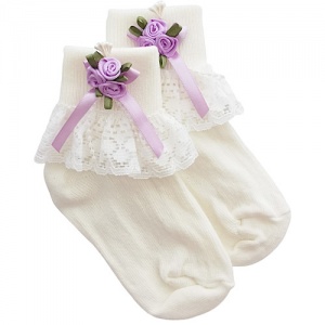 Girls Ivory Lace Socks with Lilac Rosebud Cluster